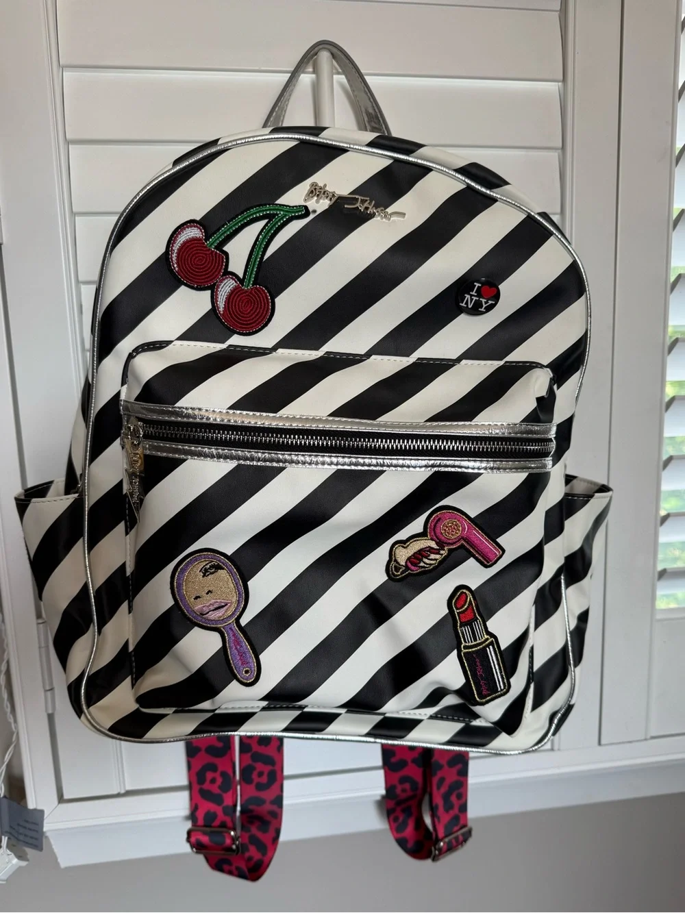 Betsey Johnson Backpack with leopard straps- Black and White